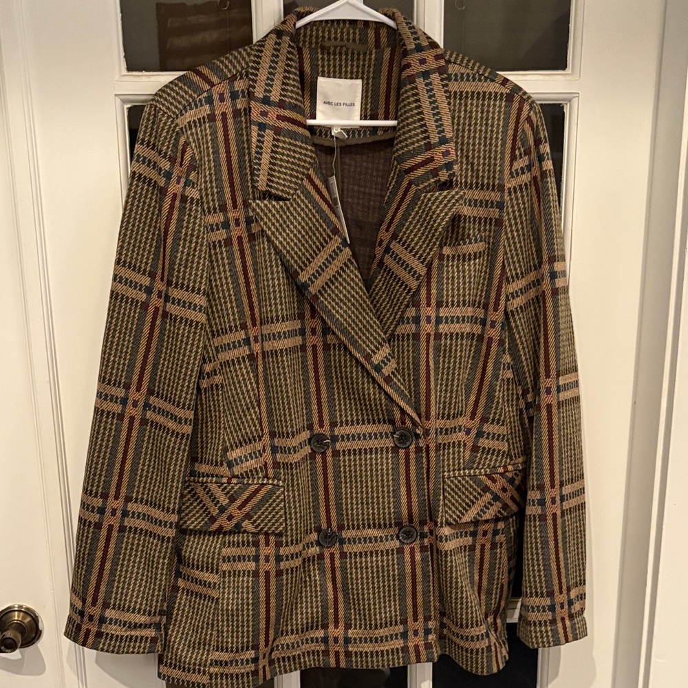 Avec Les Filles/Anthropologie Brown Plaid Double-Breasted Blazer